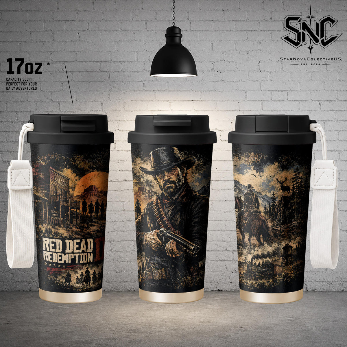 Vintage RDR2 Arthur Morgan Silhouette Double Wall Travel Tumbler – 17oz, 24oz, 30oz Stainless Steel Thermal Coffee Mug | Van der Linde Gang Western Outlaw Drinkware, Wild West Aesthetic Cup for Desk & Office