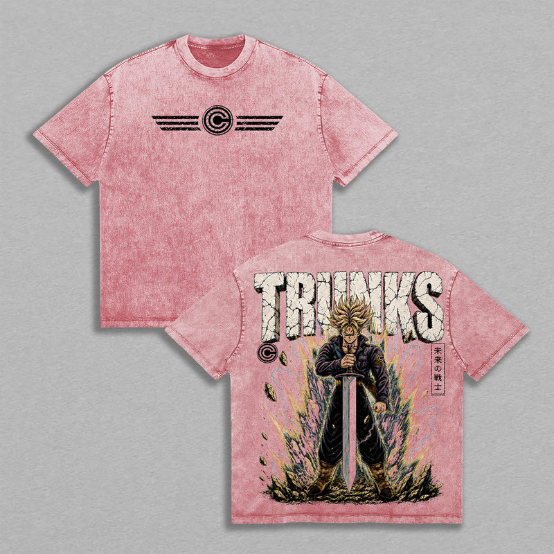 Future Trunks DBZ Vintage Shirt, Sword Time Warrior Lightning Battle Aura Double Printed Large Back Print Graphic Tees Men Unisex Heavyweight Streetwear Top Gift