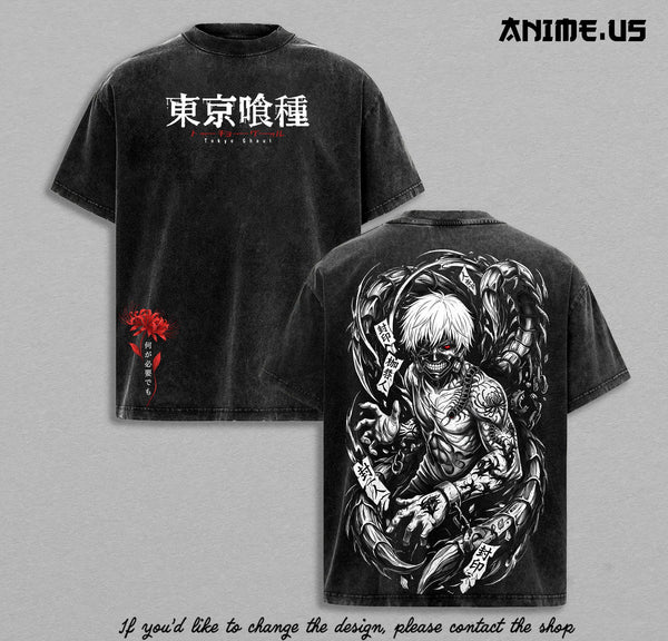 Ken Kaneki Tokyo Ghoul Vintage Washed Oversized Anime T-Shirt Ghoul Form Graphic Tee Heavyweight Cotton Streetwear Unisex