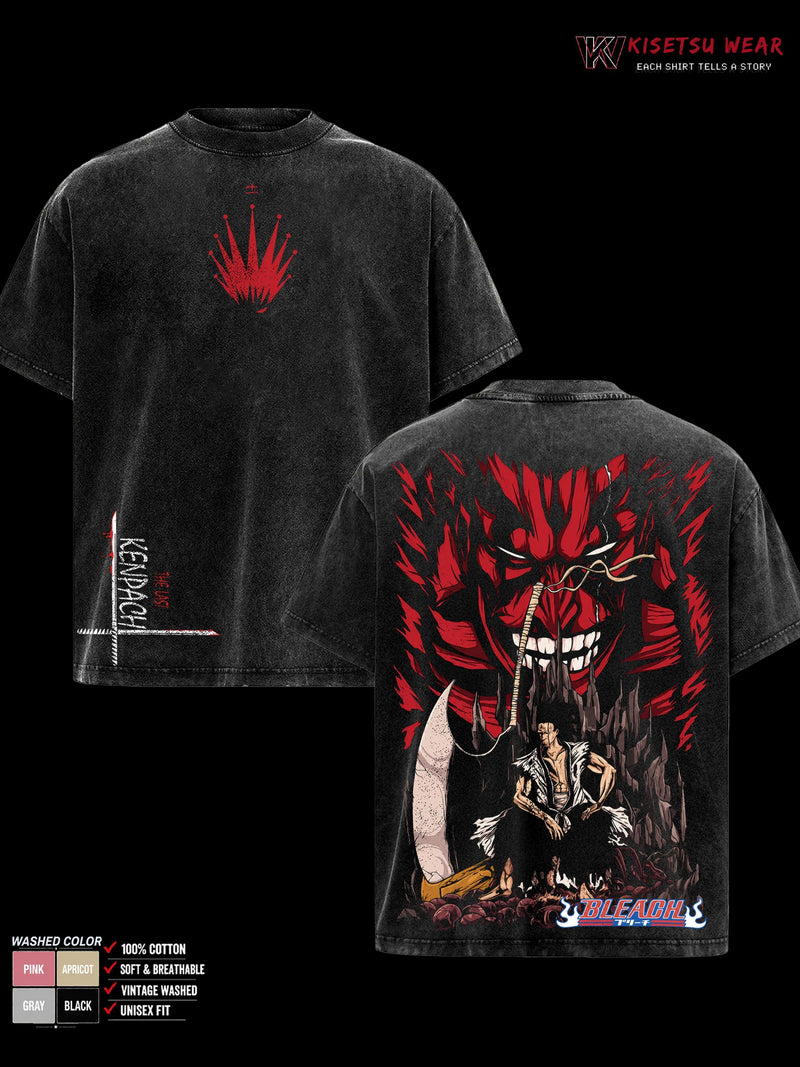 Kenpachi Zaraki Bankai Bleach TYBW Part 4 Double Sided Shirt, The Calamity Oversized Anime T Shirt, Vintage Washed Soft Cotton Clothes, Classic Menswear Top, Unisex Streetwear Apparel
