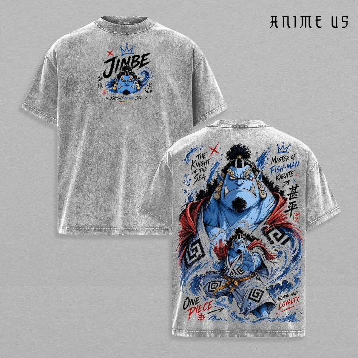 Jinbe One Piece Knight of the Sea Fish-Man Karate Anime Vintage Washed Oversized Graphic Tee Manga Streetwear Heavyweight Cotton Shirt