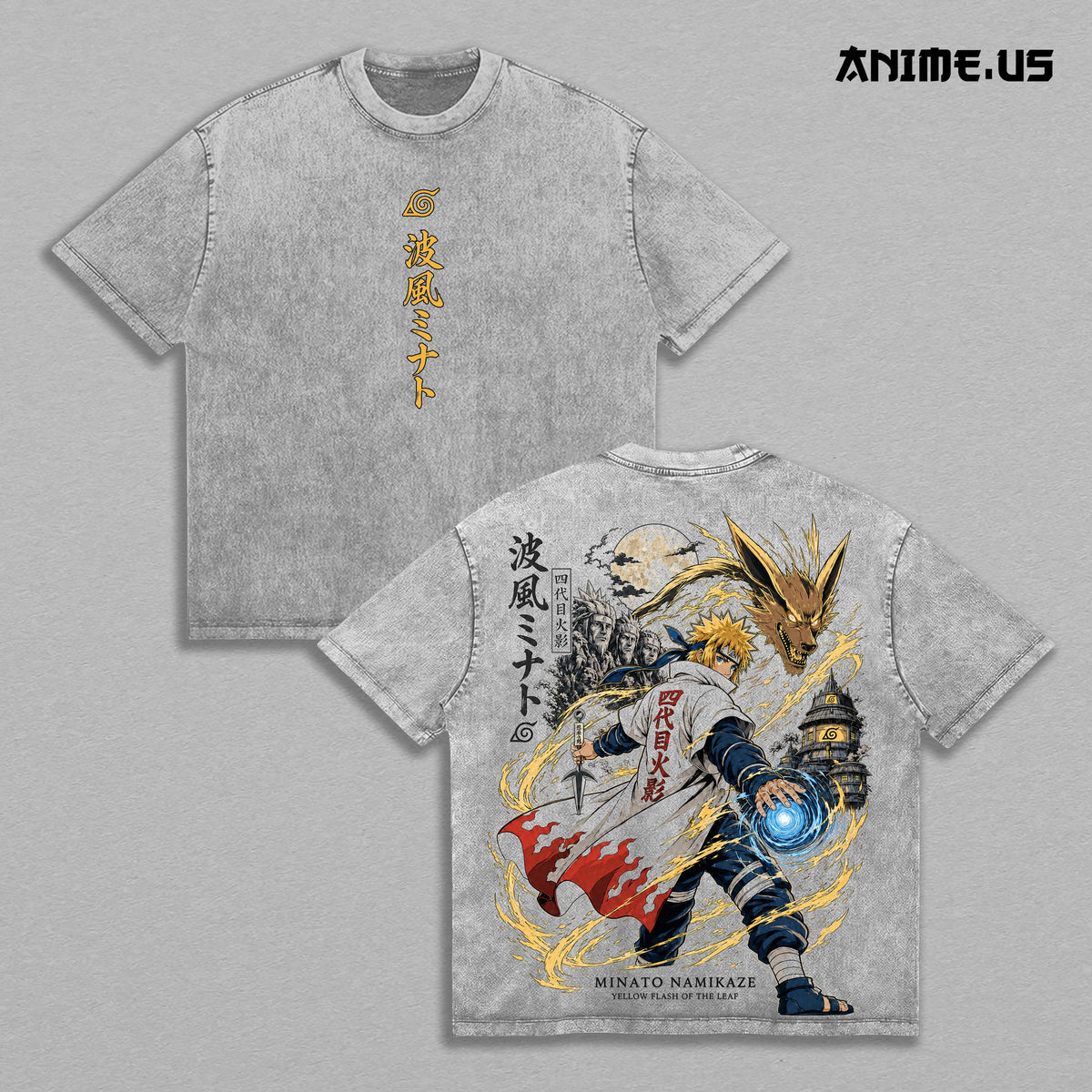 Minato Namikaze Naruto Vintage Acid Wash Anime Graphic Tee, Yellow Flash Rasengan Battle Speed Aura Large Back Print Graphic Shirt Unisex Cotton Streetwear