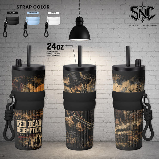 Vintage RDR2 Arthur Morgan Silhouette Double Wall Travel Tumbler – 17oz, 24oz, 30oz Stainless Steel Thermal Coffee Mug | Van der Linde Gang Western Outlaw Drinkware, Wild West Aesthetic Cup for Desk & Office