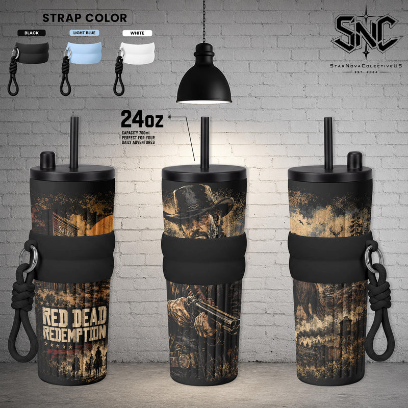 Vintage RDR2 Arthur Morgan Silhouette Double Wall Travel Tumbler – 17oz, 24oz, 30oz Stainless Steel Thermal Coffee Mug | Van der Linde Gang Western Outlaw Drinkware, Wild West Aesthetic Cup for Desk & Office