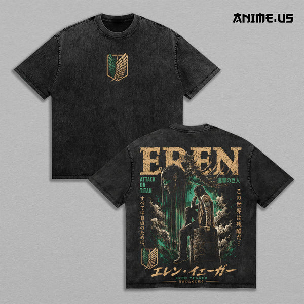 Eren Yeager Attack on Titan Anime Graphic Vintage Shirt, Scout Regiment Attack Titan Freedom Seeker Heavyweight Washed Cotton Anime Tee T-Shirt