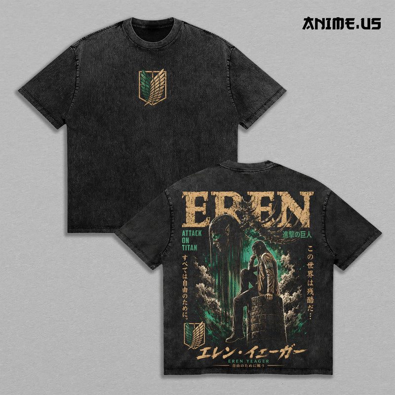 Eren Yeager Attack on Titan Anime Graphic Vintage Shirt, Scout Regiment Attack Titan Freedom Seeker Heavyweight Washed Cotton Anime Tee T-Shirt