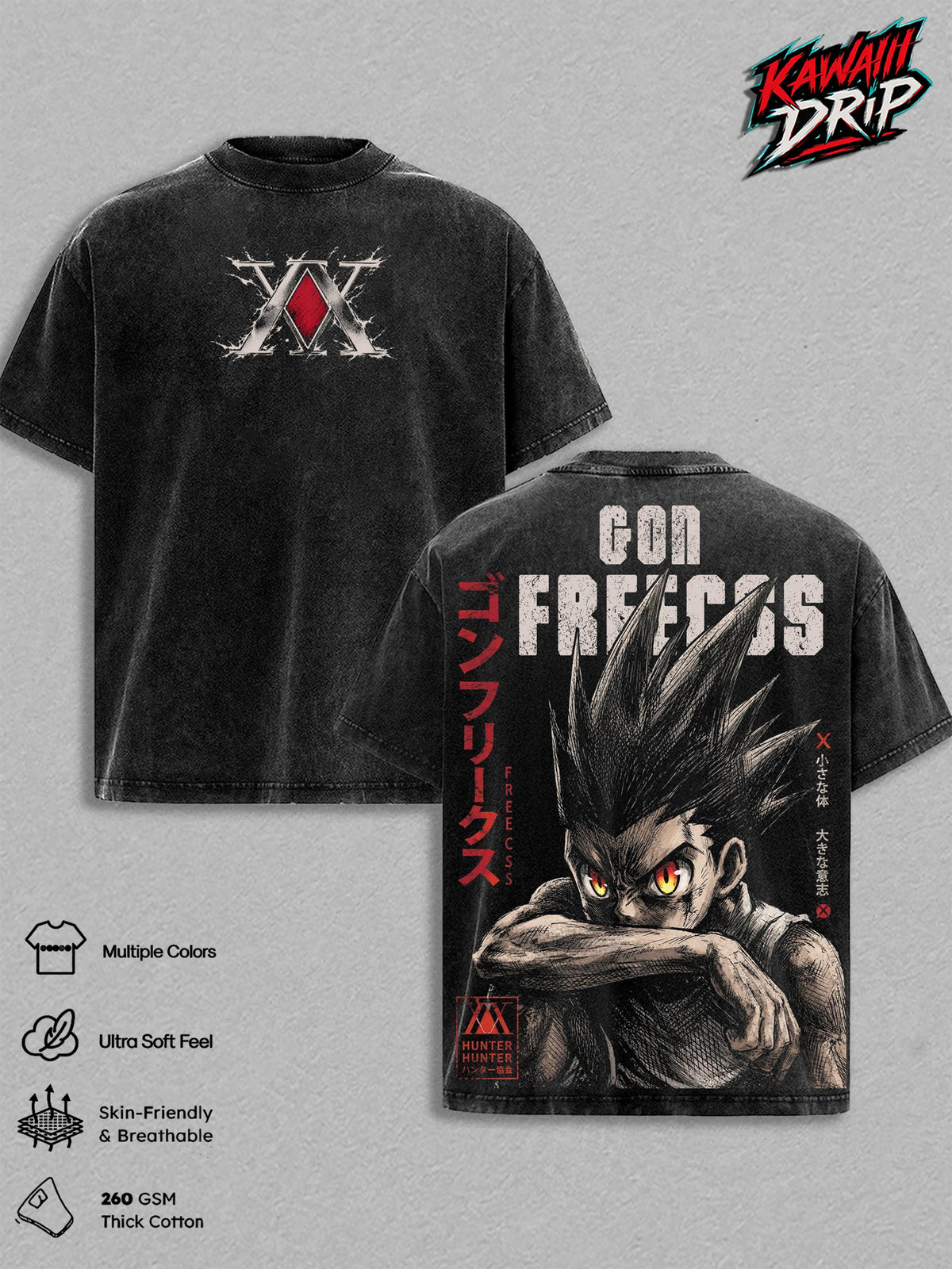 Gon Freecss Vintage Washed T-Shirt - Hunter x Hunter Anime Graphic Tee HxH Gon Streetwear Top Oversized Heavyweight Cotton Anime Fan Apparel Retro Unisex Casual Tee Hunter Association Merch
