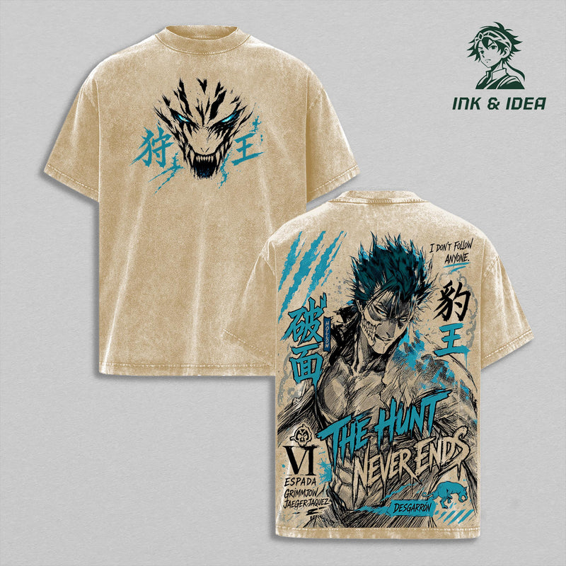 Grimmjow Jaegerjaquez Espada VI Vintage Washed Anime Tee, Bleach Arrancar Hollow Graphic Shirt, The Hunt Never Ends Oversized Streetwear, Heavyweight Cotton Anime Fan Gift