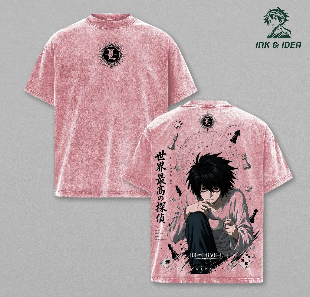 L Lawliet Death Note Vintage Washed Anime T-Shirt, Detective Graphic Tee, Oversized Streetwear Shirt, Heavy Cotton Manga Apparel, Unisex Anime Fan Gift