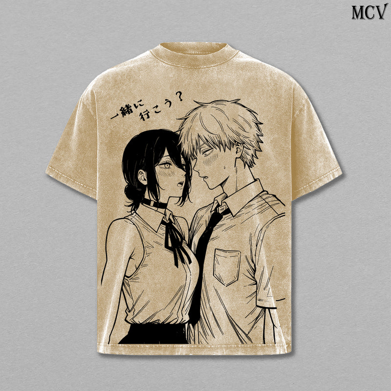 Chainsaw Man Couple Denji Reze – Vintage Washed Anime Graphic Tee