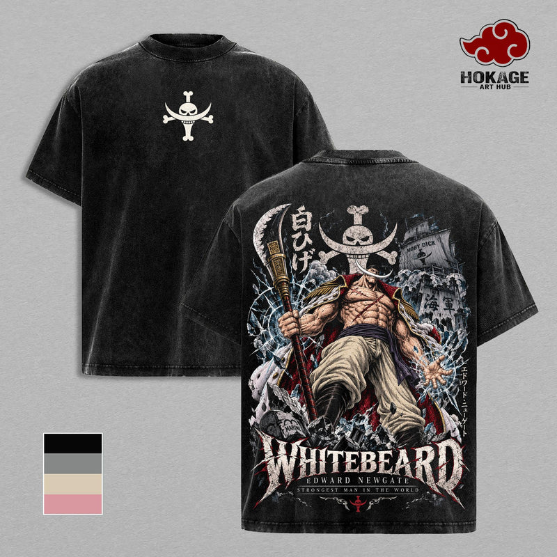 Whitebeard Edward Newgate OP T-Shirt, Strongest Man Pirate Graphic Tee, Back Print Vintage Washed Anime Shirt, Heavyweight Oversized Tee, Streetwear for Men