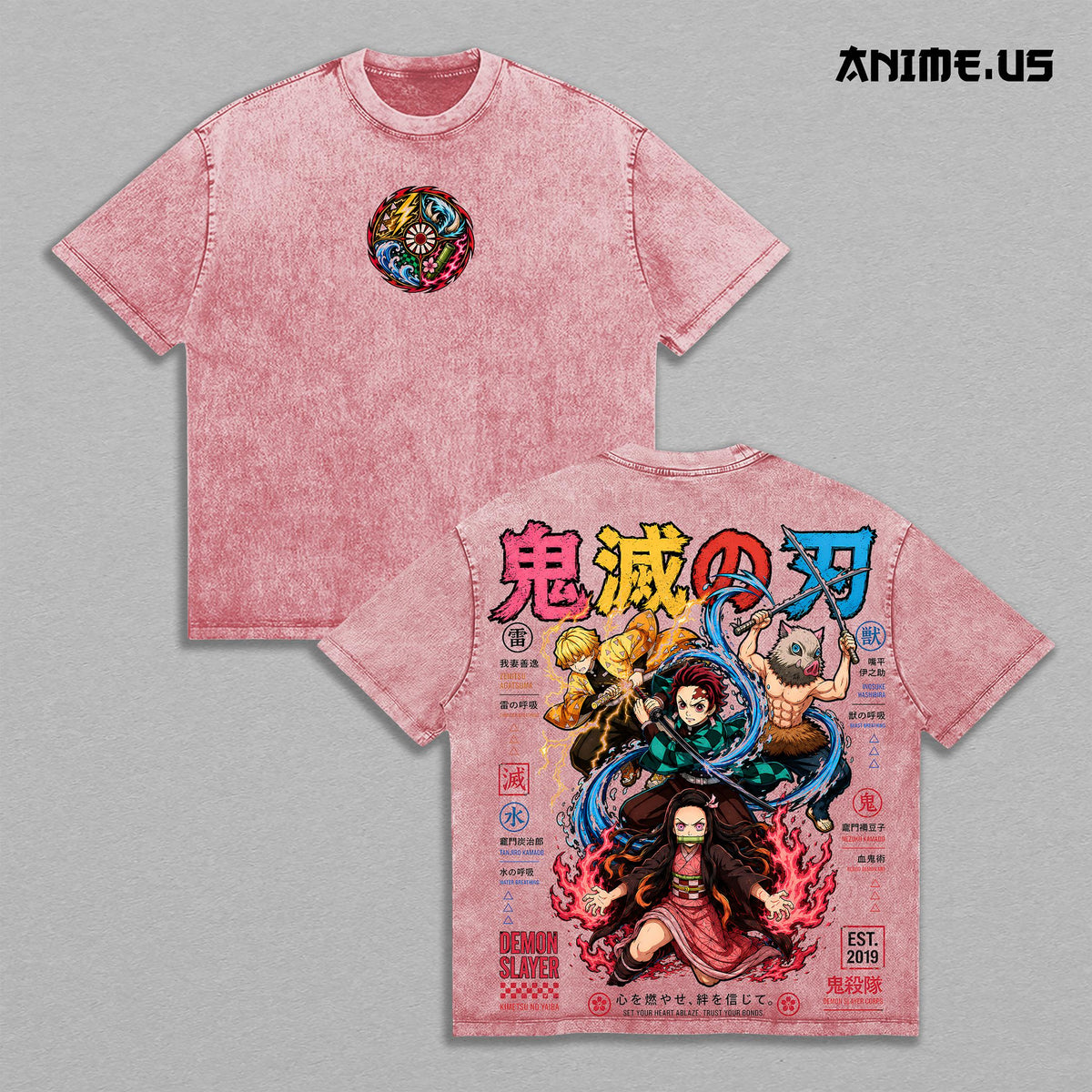 Tanjiro Nezuko Zenitsu Inosuke Demon Slayer Anime Graphic Vintage Washed Oversized T-Shirt Kimetsu No Yaiba Manga Art Heavyweight Cotton Streetwear Back Print Tee