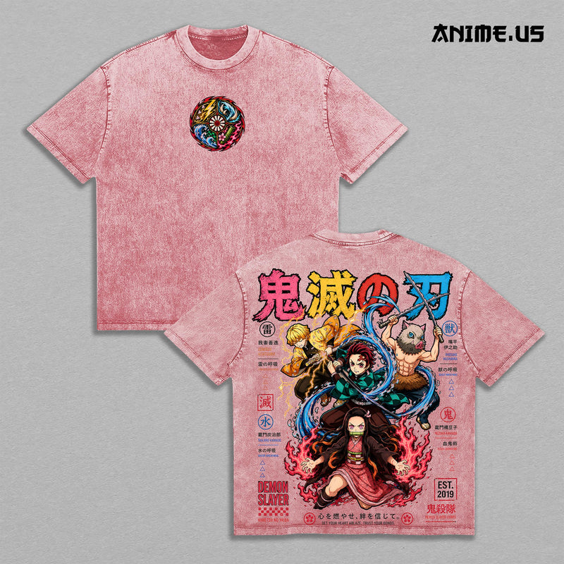 Tanjiro Nezuko Zenitsu Inosuke Demon Slayer Anime Graphic Vintage Washed Oversized T-Shirt Kimetsu No Yaiba Manga Art Heavyweight Cotton Streetwear Back Print Tee