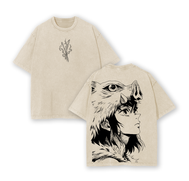Inosuke - Demon Slayer Anime Double Printed Vintage Washed Tee Unisex Oversize Anime Manga Washed Heavyweight Cotton T-shirt, Gift For Anime Fan, Anime Lover