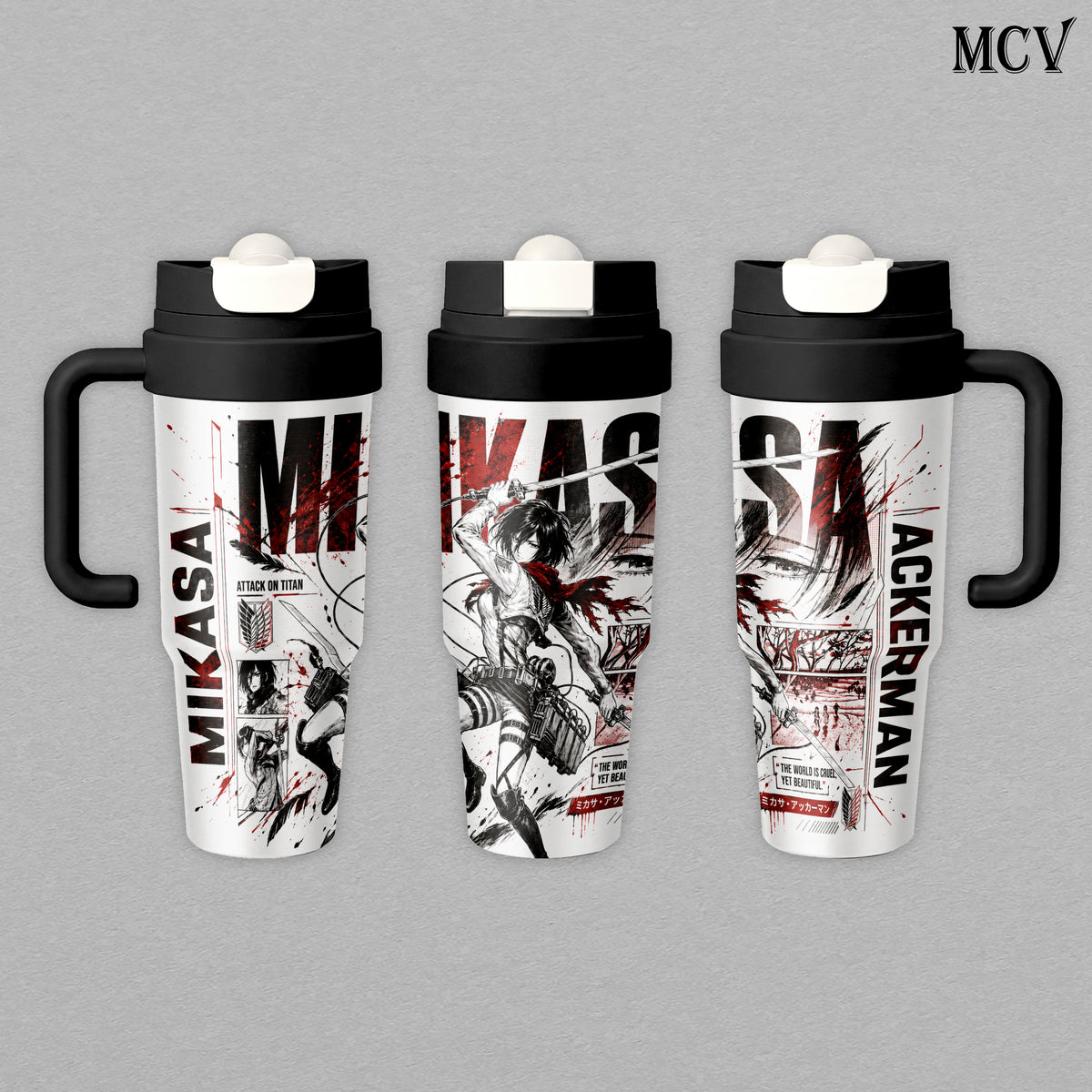 Mikasa Ackerman - Attack on Titan Anime - Survey Corps ODM Gear Red Scarf Manga Embossed Raised Art - 17oz 24oz 30oz Insulated Tumbler, Stainless Steel Water Bottle, Straw Cup, Handle Travel Mug