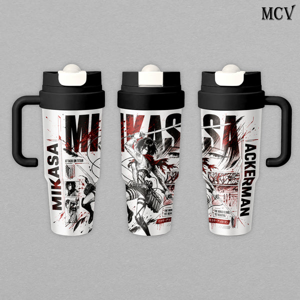 Mikasa Ackerman - Attack on Titan Anime - Survey Corps ODM Gear Red Scarf Manga Embossed Raised Art - 17oz 24oz 30oz Insulated Tumbler, Stainless Steel Water Bottle, Straw Cup, Handle Travel Mug
