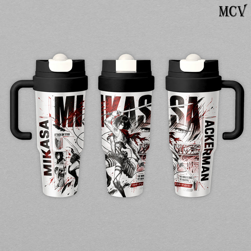 Mikasa Ackerman - Attack on Titan Anime - Survey Corps ODM Gear Red Scarf Manga Embossed Raised Art - 17oz 24oz 30oz Insulated Tumbler, Stainless Steel Water Bottle, Straw Cup, Handle Travel Mug
