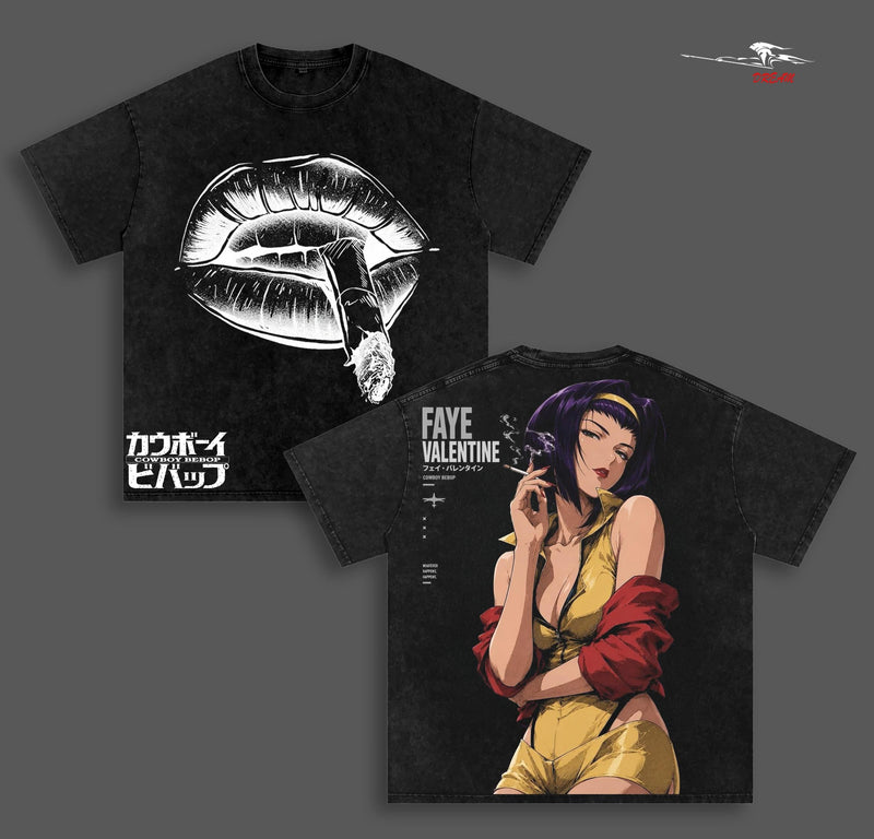 Faye Valentine Cowboy Bebop Anime Double Printed Vintage Washed Tee Unisex Oversize Heavyweight Cotton T-shirt for Anime Fans and Lovers