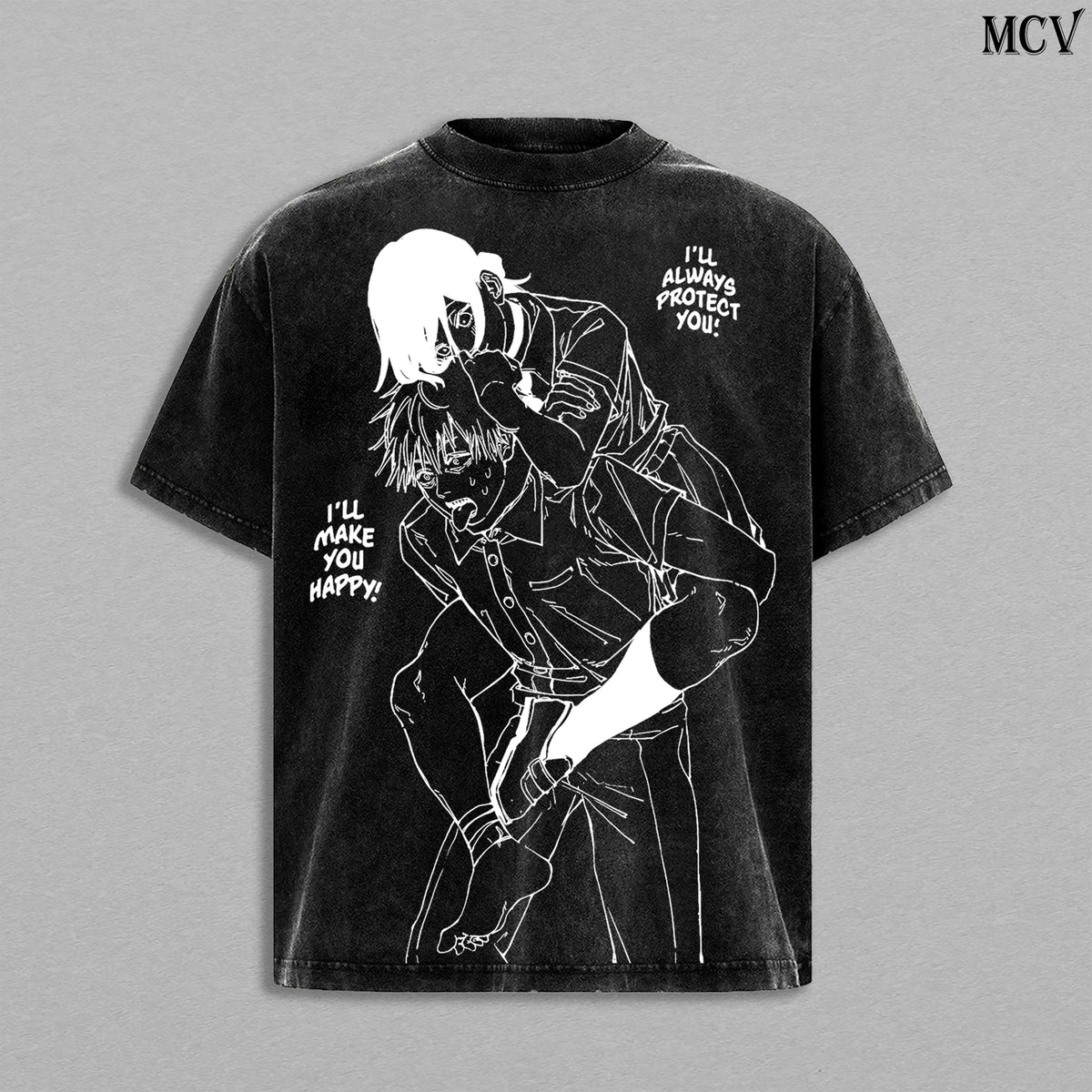 Denji & Reze Sweet Moment – Chainsaw Man Vintage Washed Anime Graphic T-Shirt Japanese Manga Streetwear