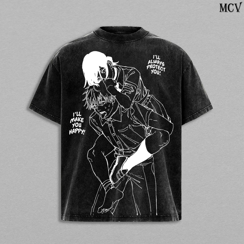 Denji & Reze Sweet Moment – Chainsaw Man Vintage Washed Anime Graphic T-Shirt Japanese Manga Streetwear