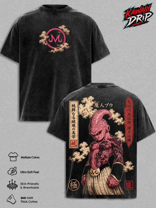 Majin Buu DBZ Vintage Washed T-Shirt Anime Graphic Tee Japanese Manga Oversized Streetwear Top Cotton Tshirt Classic Menswear Clothes Apparel Gift for DBZ Fans Men & Women