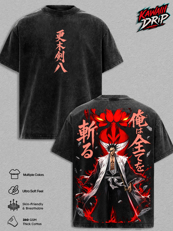 Kenpachi Zaraki Vintage Washed T-Shirt - Bleach Graphic Tee Soul Reaper Captain Bankai Oversized Japanese Streetwear Top Cotton Tshirt Classic Menswear Clothes Apparel Gift for Bleach Fans Men & Women