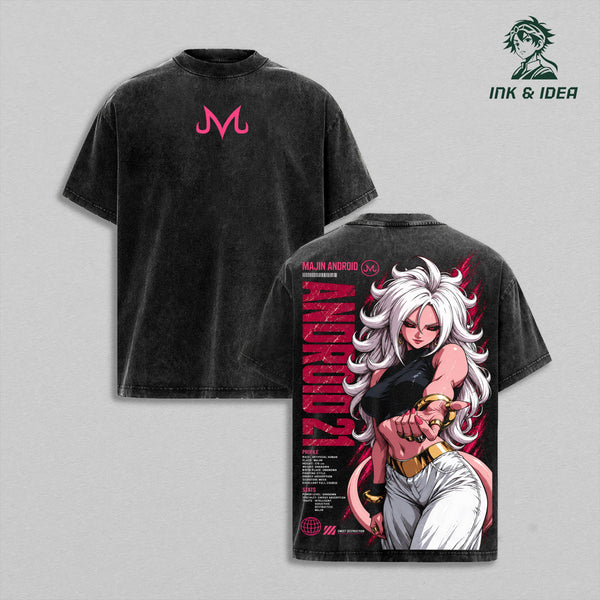 Android 21 Majin Form DBZ Vintage Washed Gym T-Shirt, Sweet Destruction Double Sided Anime Graphic Tee, Oversized Heavyweight Cotton Manga Streetwear, Unisex Fan Gift