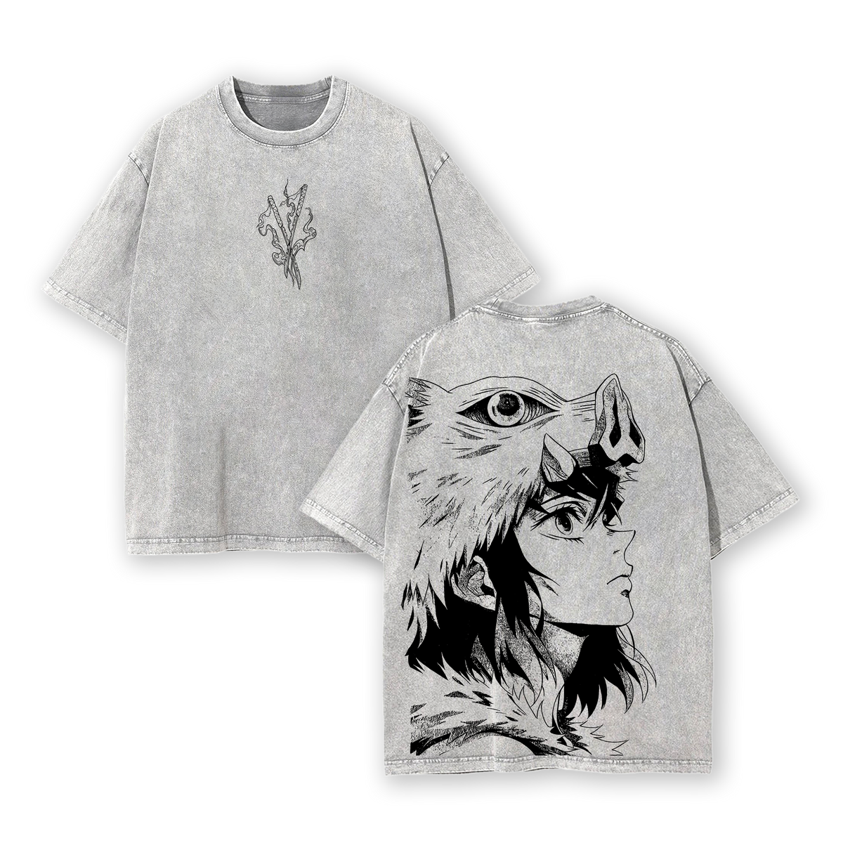 Inosuke - Demon Slayer Anime Double Printed Vintage Washed Tee Unisex Oversize Anime Manga Washed Heavyweight Cotton T-shirt, Gift For Anime Fan, Anime Lover