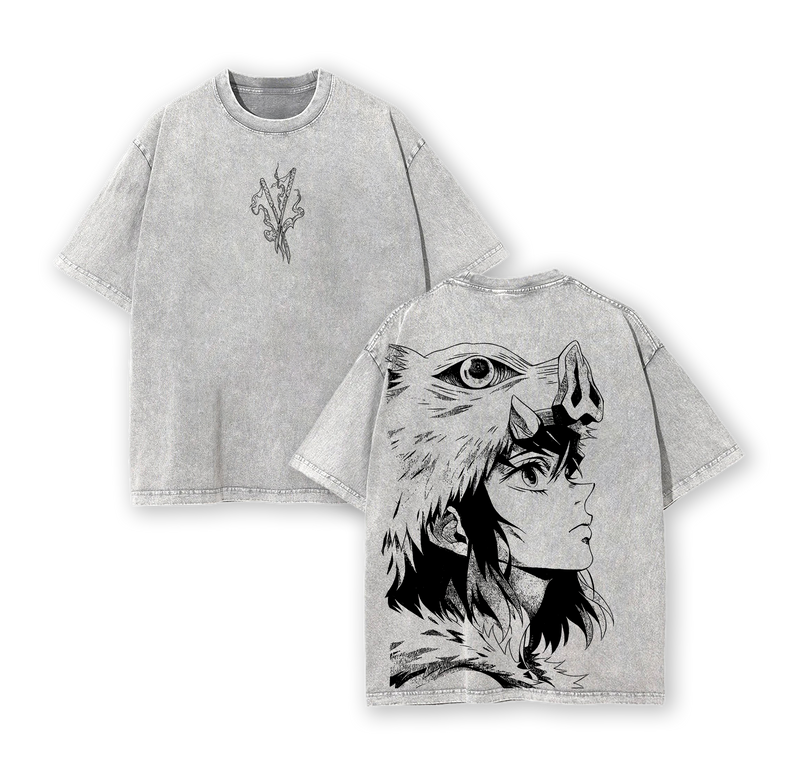 Inosuke - Demon Slayer Anime Double Printed Vintage Washed Tee Unisex Oversize Anime Manga Washed Heavyweight Cotton T-shirt, Gift For Anime Fan, Anime Lover