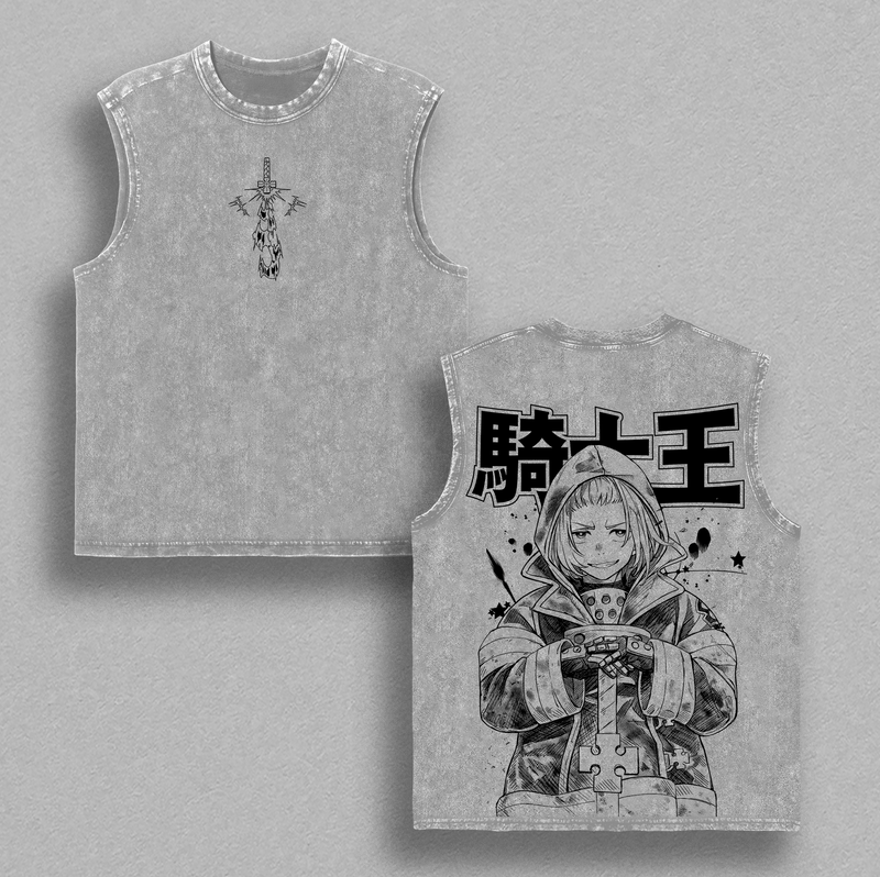 Arthur Boyle Washed Tee – Fire Force Knight King Excalibur Plasma Sword Anime Graphic T-Shirt, Unisex Oversize Heavyweight Cotton Manga Streetwear Double Printed Anime Tee