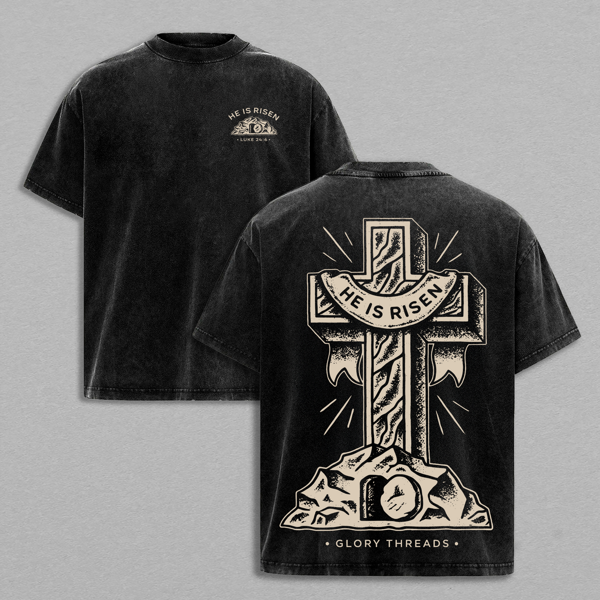 He Is Risen Luke 24:6 Vintage Washed Oversized Christian T-Shirt, Heavy Cotton Faith Cross Graphic Tee, Easter Jesus Resurrection Shirt, Biblical Scripture Streetwear, Unisex Religious Gift for Believers