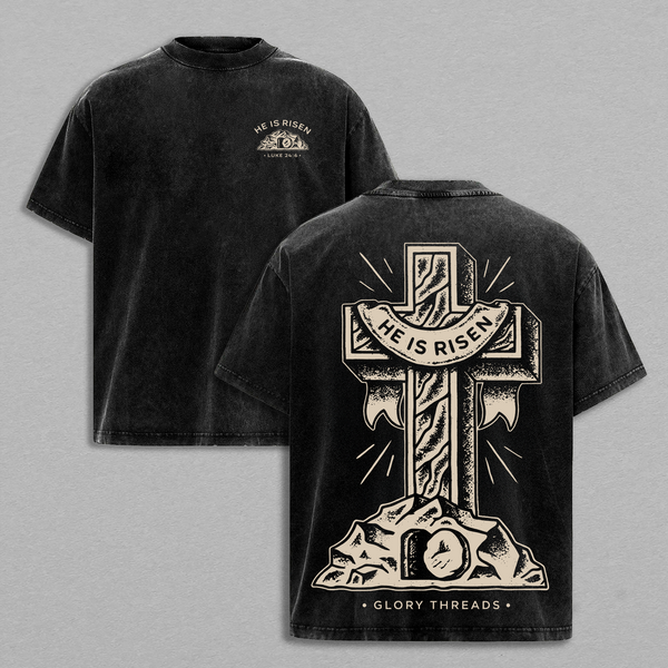He Is Risen Luke 24:6 Vintage Washed Oversized Christian T-Shirt, Heavy Cotton Faith Cross Graphic Tee, Easter Jesus Resurrection Shirt, Biblical Scripture Streetwear, Unisex Religious Gift for Believers
