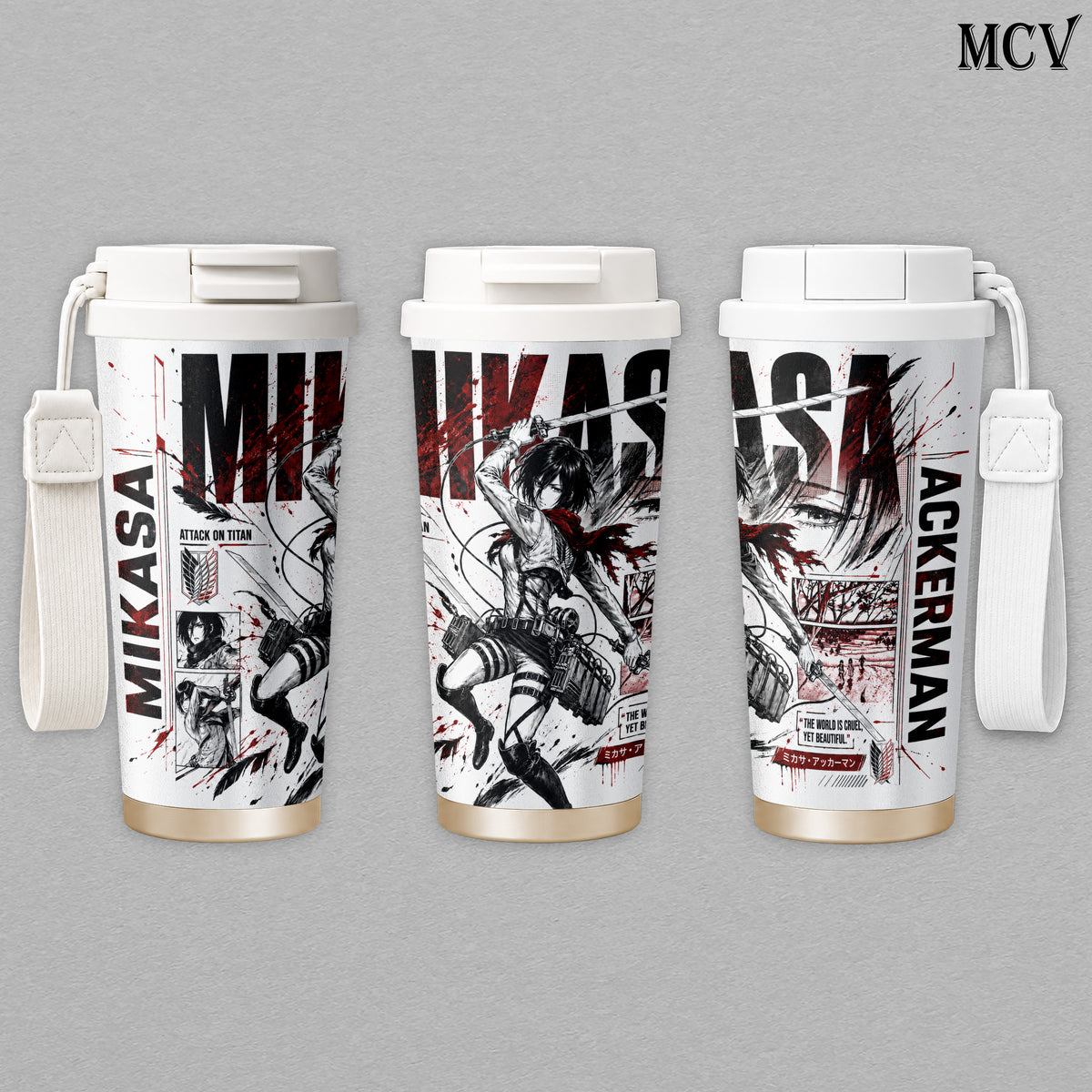 Mikasa Ackerman - Attack on Titan Anime - Survey Corps ODM Gear Red Scarf Manga Embossed Raised Art - 17oz 24oz 30oz Insulated Tumbler, Stainless Steel Water Bottle, Straw Cup, Handle Travel Mug