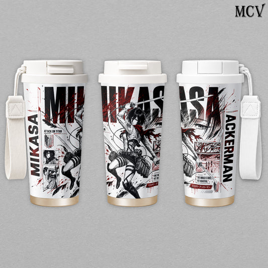 Mikasa Ackerman - Attack on Titan Anime - Survey Corps ODM Gear Red Scarf Manga Embossed Raised Art - 17oz 24oz 30oz Insulated Tumbler, Stainless Steel Water Bottle, Straw Cup, Handle Travel Mug