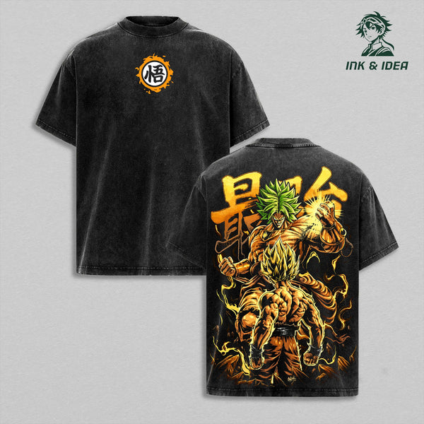 Broly Legendary Super Saiyan Vintage Washed Heavyweight Cotton T-Shirt, Full Power Golden Aura Double Sided Graphic, Oversized Saiyan Warrior Manga Streetwear, Unisex Anime Fan Gift