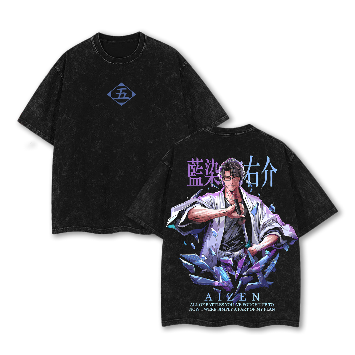 Aizen - Bleach Anime Double Printed Oversize Lightweight Acid Washed Graphic Tee