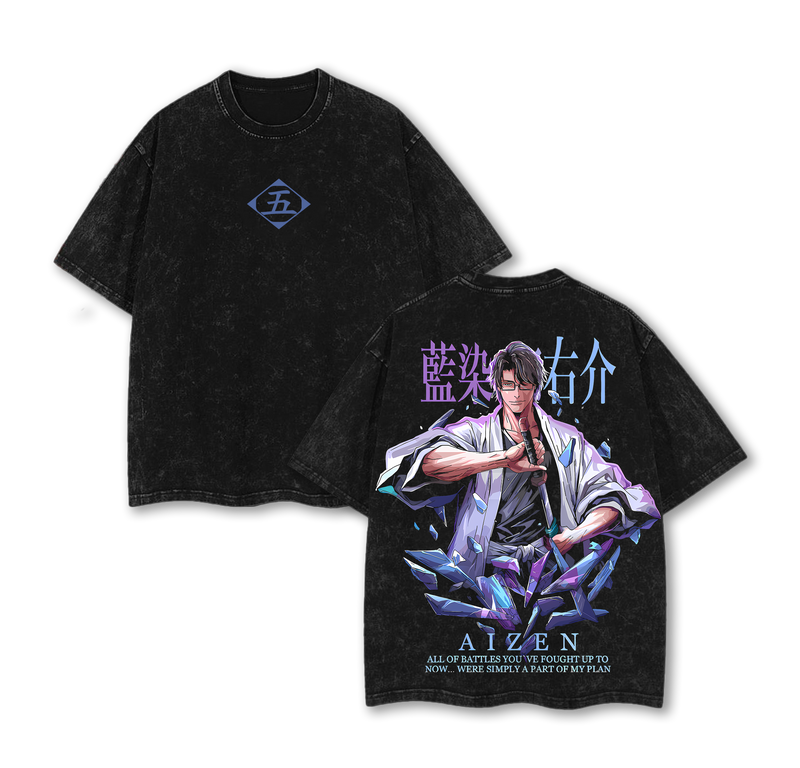 Aizen - Bleach Anime Double Printed Oversize Lightweight Acid Washed Graphic Tee