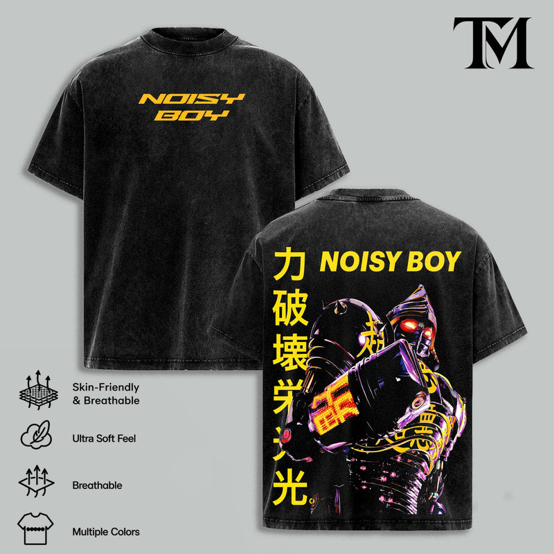 Real Steel Noisy Boy Graphic Tee, Apparel with Double Print, Oversize Lightweight Acid-Washed Cotton, Casual Classic Seamless Shortsleeve Movies Films Streetwear Top Gift for movie fans