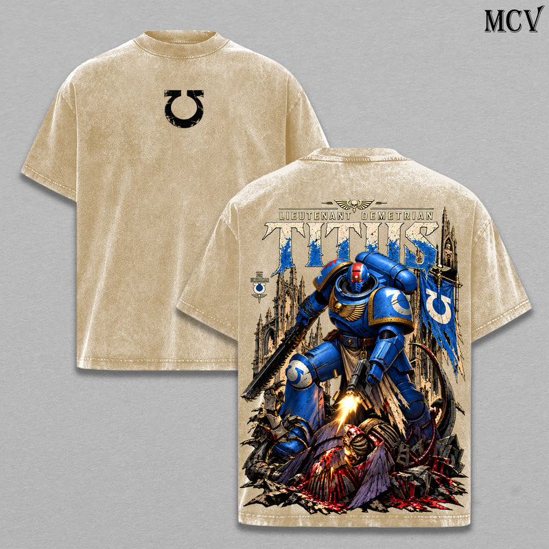 Lieutenant Demetrian Titus Warhammer 40K Vintage Washed Oversized Hoodie, T-Shirt & Sweatshirt, Double-Sided Space Marine 2 Ultramarines Graphic Apparel, Blue Power Armor Battle Design, Grimdark Sci-Fi Gaming Streetwear, Unisex Warhammer Fan Gift