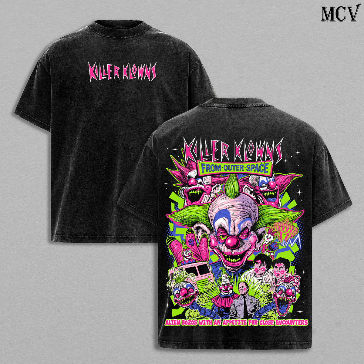 Killer Klowns from Outer Space Vintage Washed T-Shirt, Retro Horror Movie Graphic Tee, Faded Black Streetwear