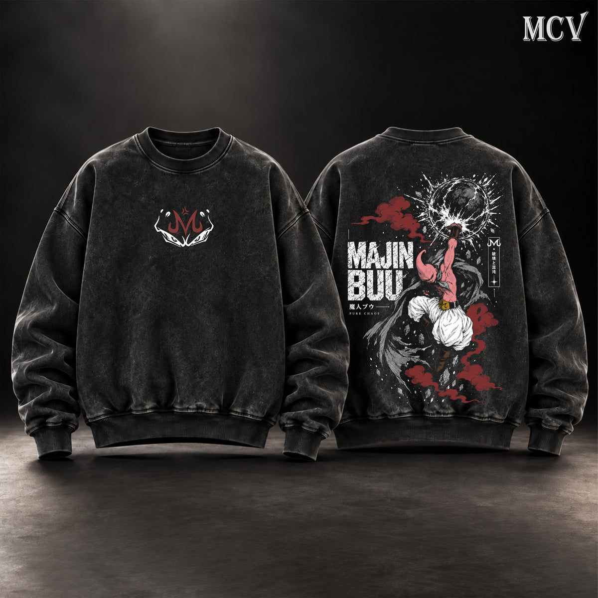 Majin Buu Dragon Ball Z Vintage Washed Oversized Sweatshirt, Double-Sided Kid Buu Anime Graphic Crewneck, Pure Chaos Planet Destruction Artwork, Retro 90s Y2K Streetwear, Unisex DBZ Fan Gift