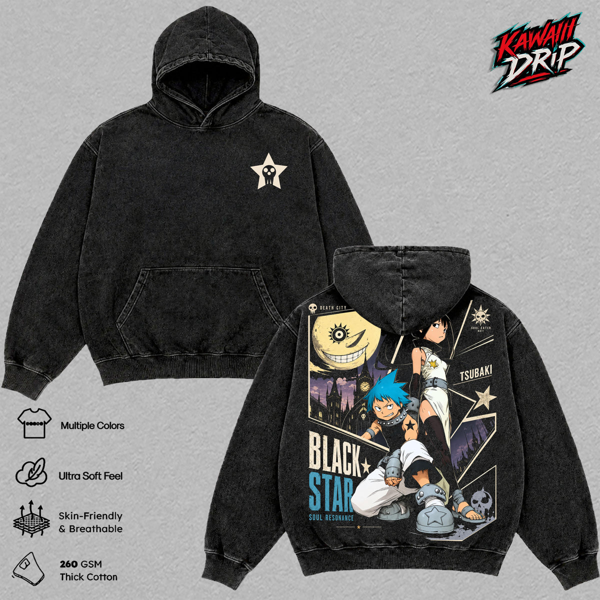 Black Star Tsubaki Soul Eater Vintage Washed Hoodie - Soul Eater Anime Graphic Sweatshirt Death City Manga Oversized Streetwear Cotton Pullover Hoodie Gift for Soul Eater Fans Men & Women