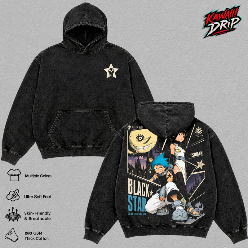 Black Star Tsubaki Soul Eater Vintage Washed Hoodie - Soul Eater Anime Graphic Sweatshirt Death City Manga Oversized Streetwear Cotton Pullover Hoodie Gift for Soul Eater Fans Men & Women