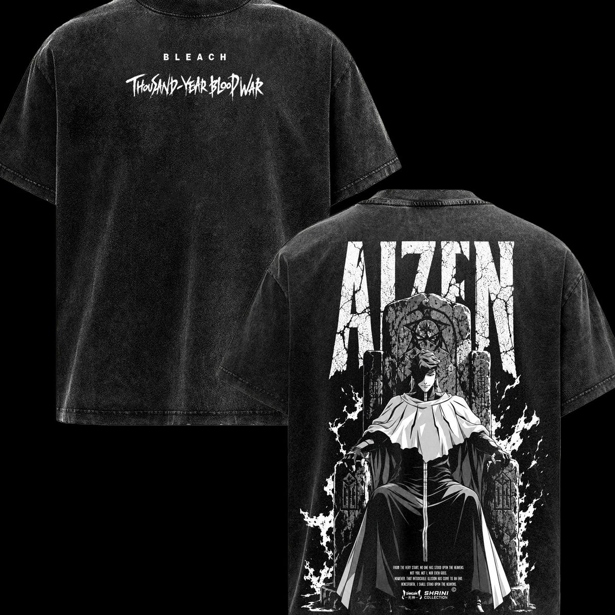 Sosuke Aizen Bleach TYBW Men’s Graphic T-Shirt, Double Sided Throne Anime Tee, Oversized Vintage Washed Soft Cotton Crewneck, Classic Streetwear Apparel, Gift for Anime Fans