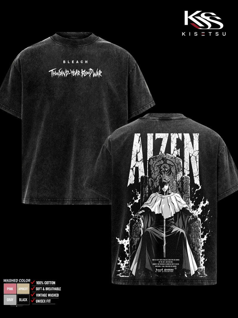 Sosuke Aizen Bleach TYBW Men’s Graphic T-Shirt, Double Sided Throne Anime Tee, Oversized Vintage Washed Soft Cotton Crewneck, Classic Streetwear Apparel, Gift for Anime Fans