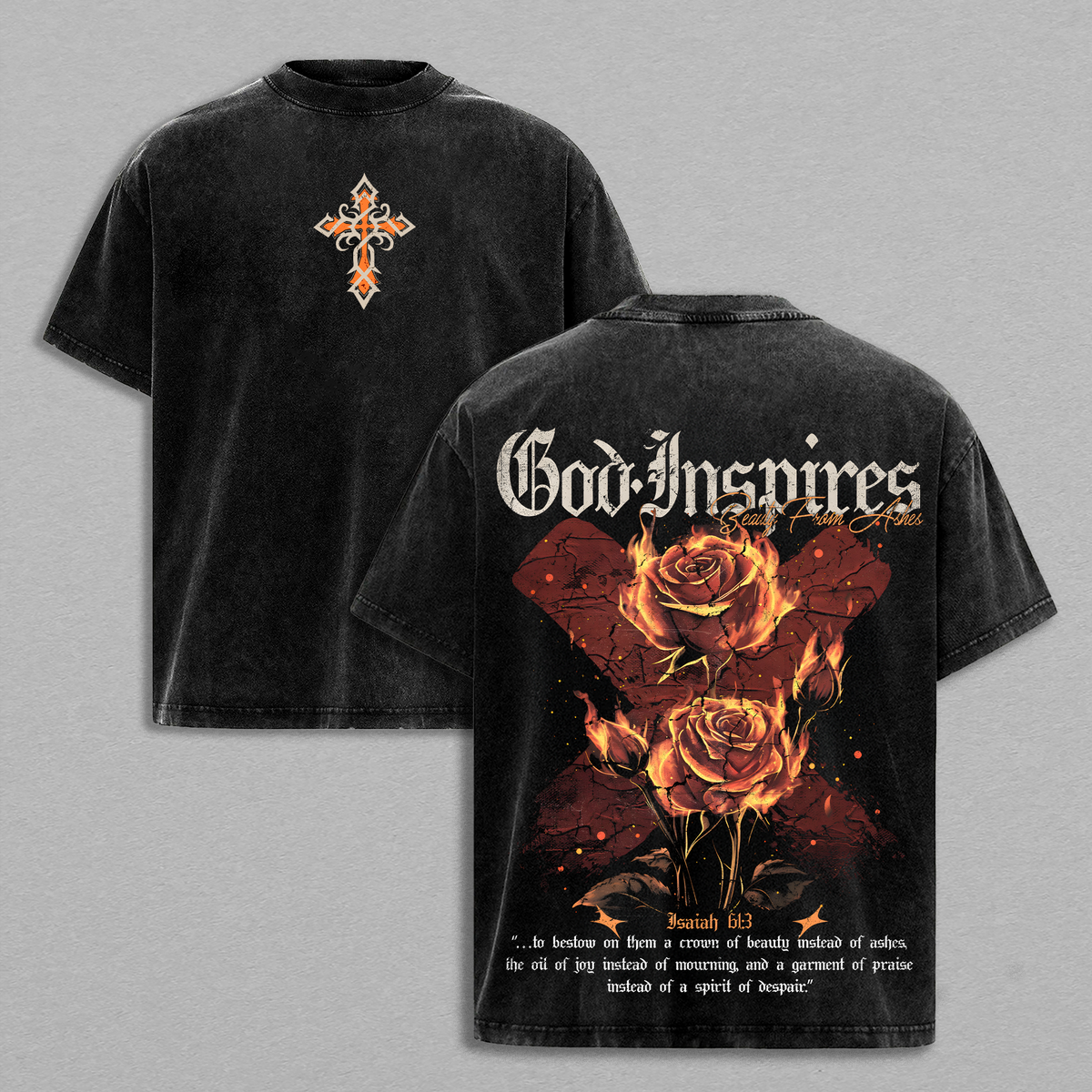 Beauty From Ashes – God Inspires Isaiah 61:3 Vintage Washed Christian T-Shirt Heavy Cotton Jesus Faith Graphic Shirt Streetwear Church Outfit Christmas Gift Inspirational Religious Apparel Men Women