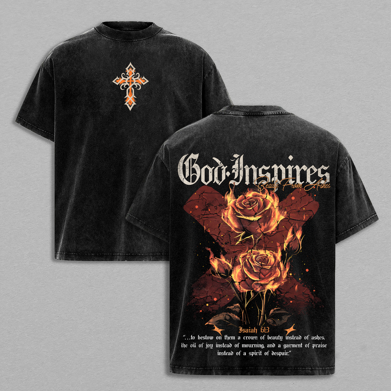 Beauty From Ashes – God Inspires Isaiah 61:3 Vintage Washed Christian T-Shirt Heavy Cotton Jesus Faith Graphic Shirt Streetwear Church Outfit Christmas Gift Inspirational Religious Apparel Men Women