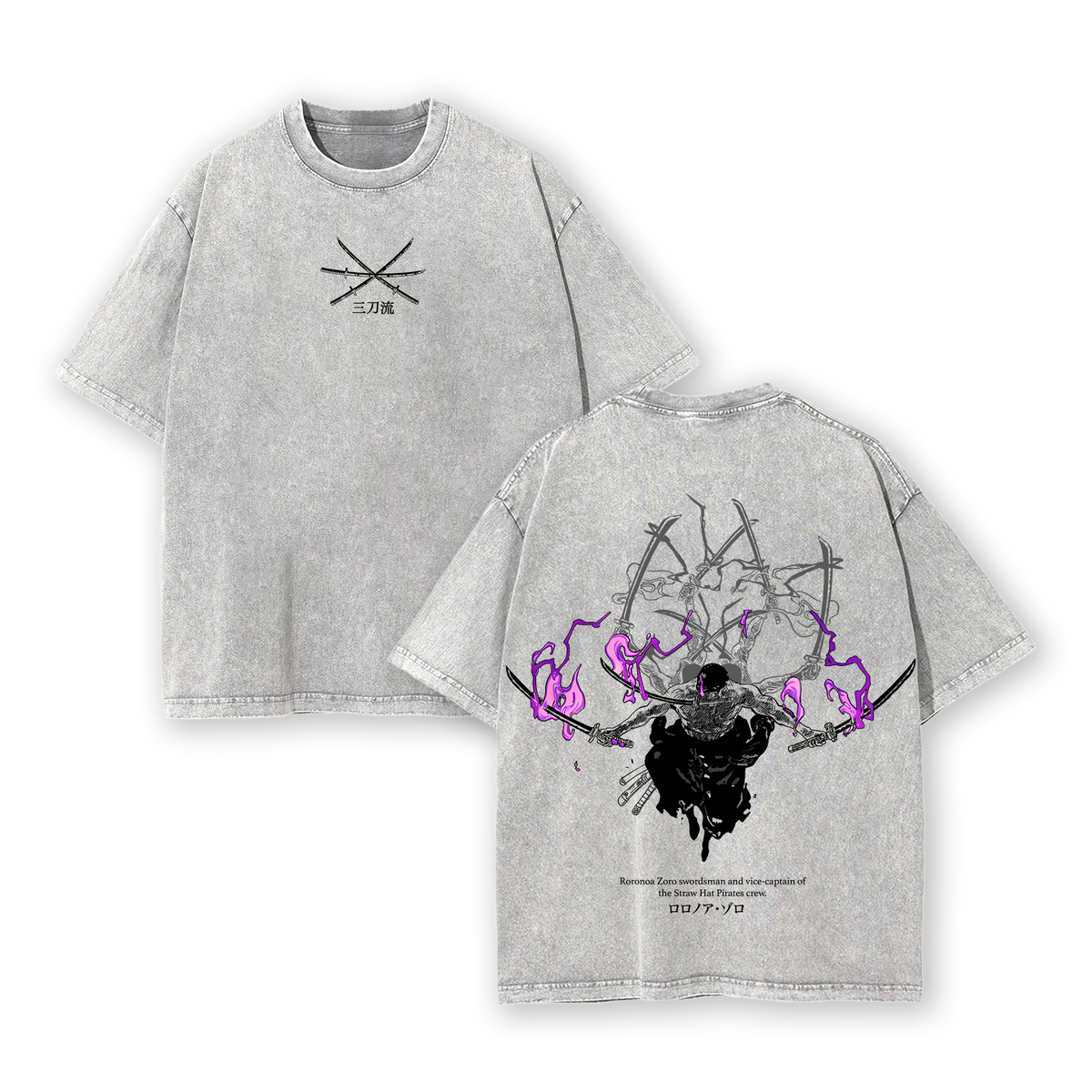 Roronoa Zoro Tshirt - One Piece Vintage Oversized Double Sided Anime Graphic T-Shirt, Acid Wash Lightweight Streetwear Menswear, Anime & Manga Lovers, Retro Casual Wear for Fans