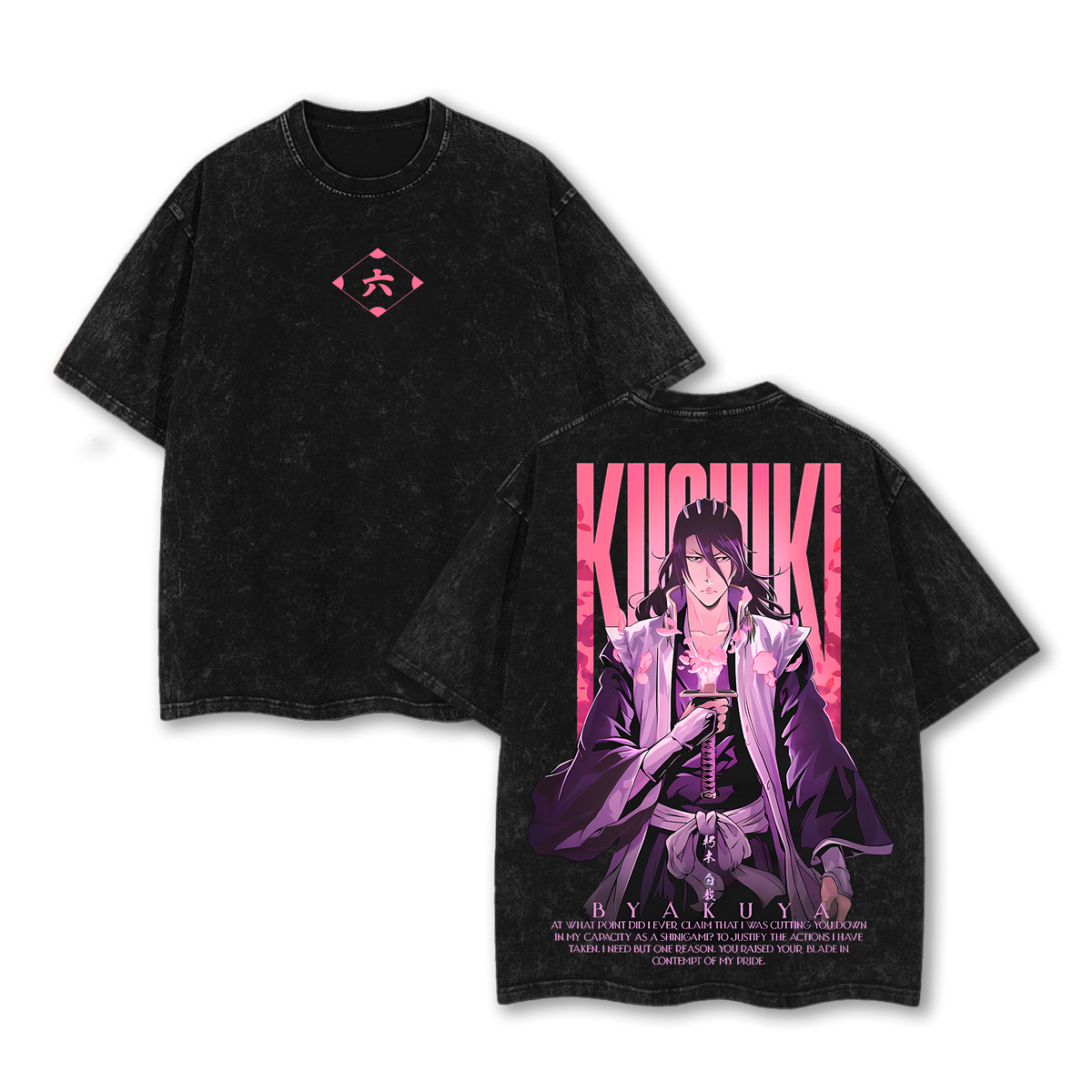 Byakuya Kuchiki - Bleach Anime Double Printed Oversize Lightweight Acid Washed Graphic Tee