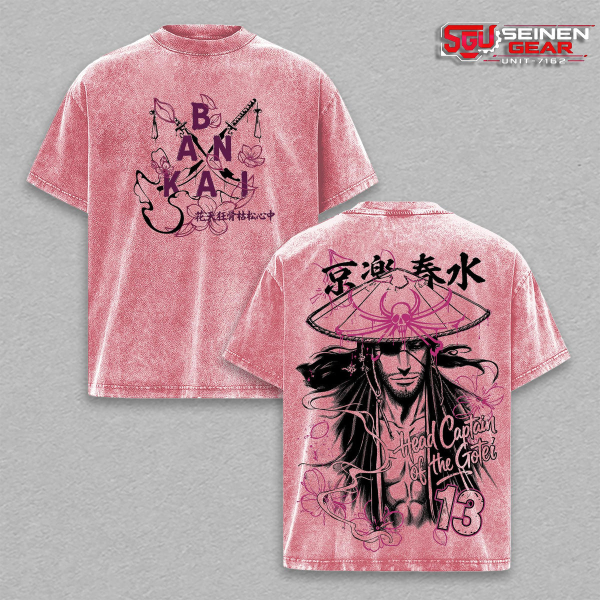 Kisuke Urahara Squad 13 Vintage Washed Anime Tee, Bleach Soul Reaper Streetwear Shirt, Pink Sakura Manga Aesthetic, Y2K Graphic T Shirt, Viral TikTok Anime Outfit for Men